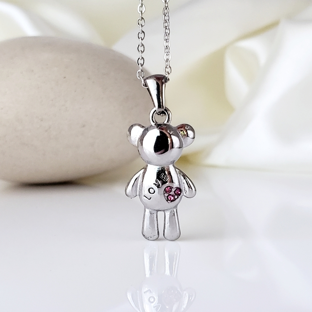 NEW 18K White Gold Silver Tone Teddy Bear Necklace with Pink CZ Diamonds - Picture 3 of 8